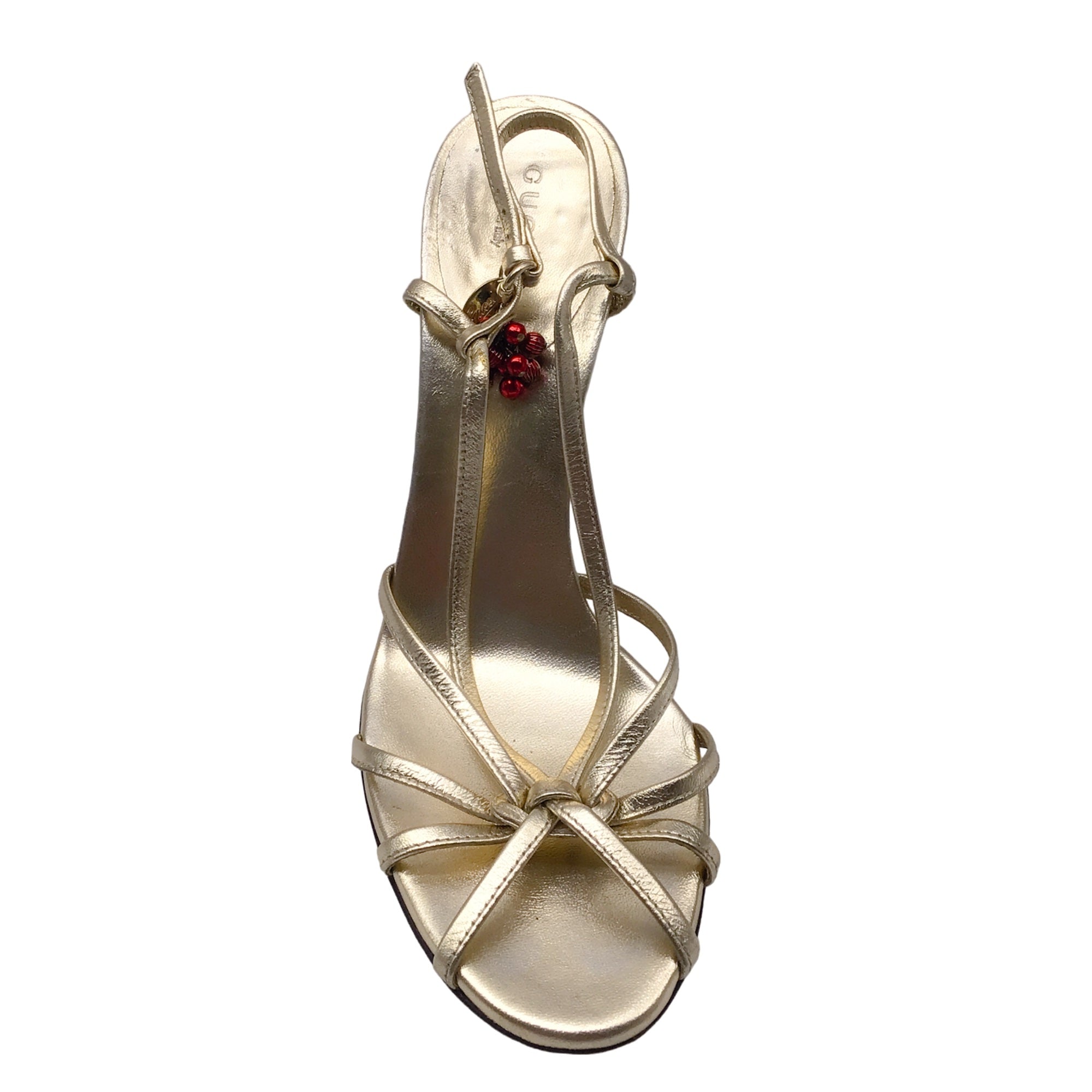 Gucci Gold Metallic Charm Embellished Strappy Leather Sandals