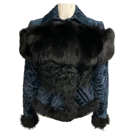 Burberry Prorsum Blue / Black Fur Trimmed Velvet Jacquard Jacket