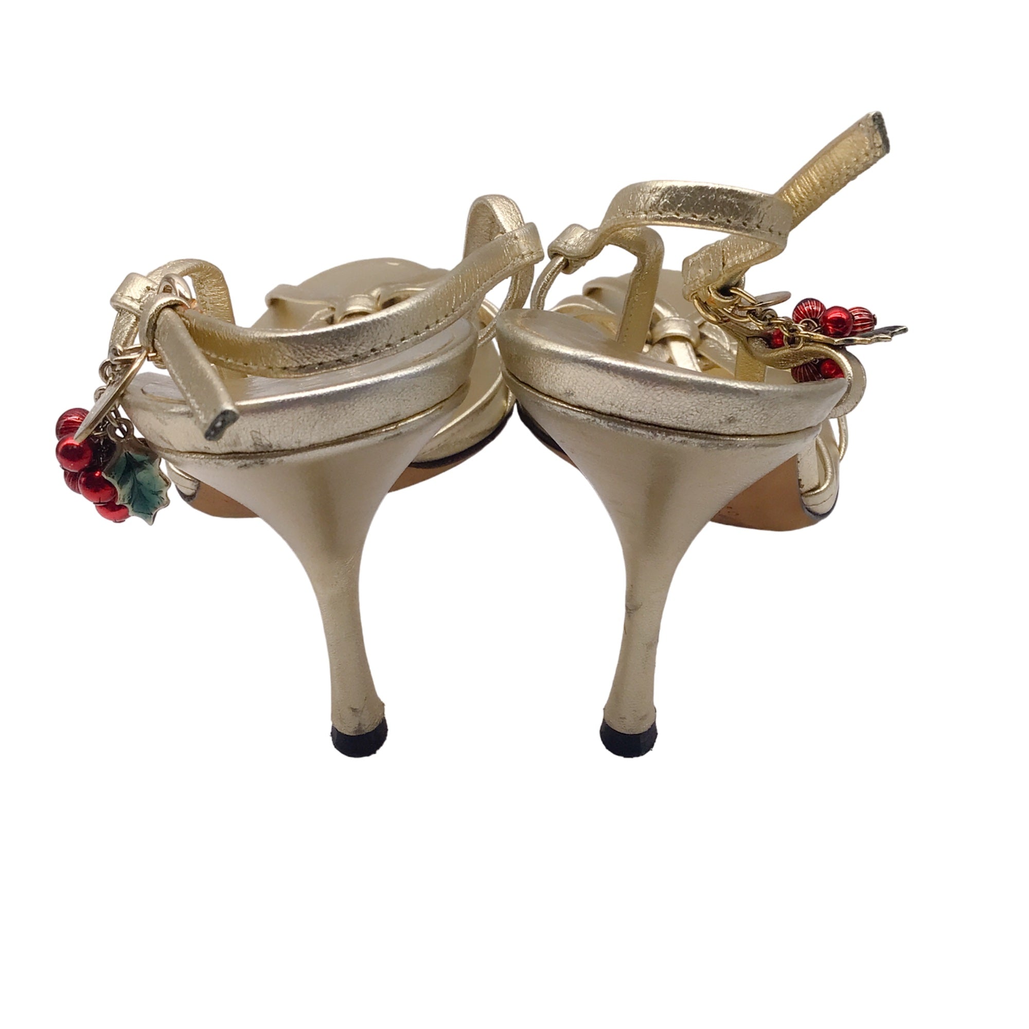 Gucci Gold Metallic Charm Embellished Strappy Leather Sandals