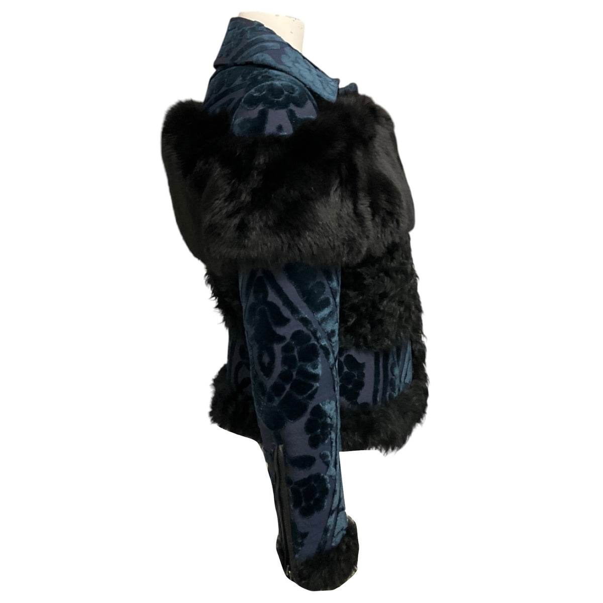 Burberry Prorsum Blue / Black Fur Trimmed Velvet Jacquard Jacket