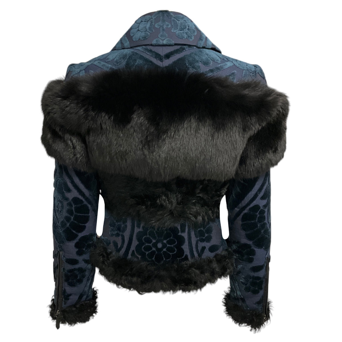 Burberry Prorsum Blue / Black Fur Trimmed Velvet Jacquard Jacket