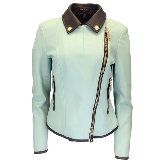 Antonio Croce Mint Green / Black Moto Zip Lambskin Leather Jacket