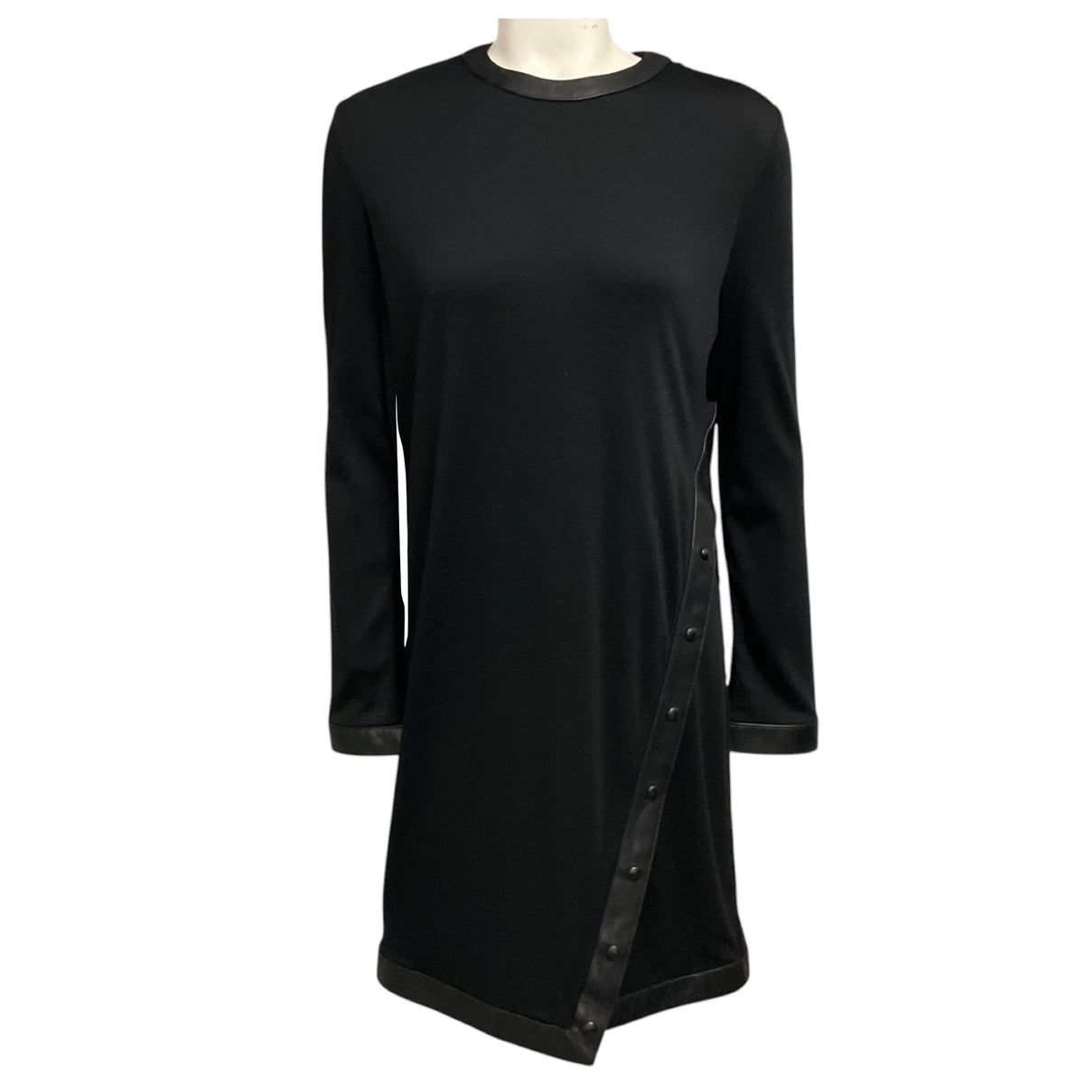 Tom Ford Black Lamb Leather Trimmed Long Sleeved Wool Stretch Midi Dress