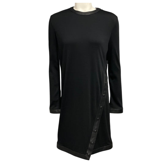 Tom Ford Black Lamb Leather Trimmed Long Sleeved Wool Stretch Midi Dress