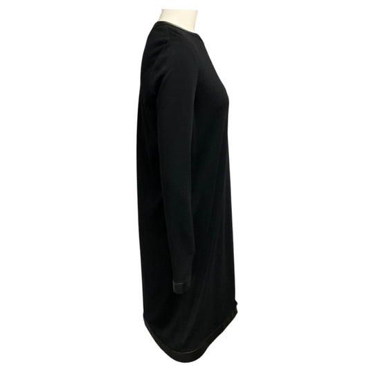 Tom Ford Black Lamb Leather Trimmed Long Sleeved Wool Stretch Midi Dress