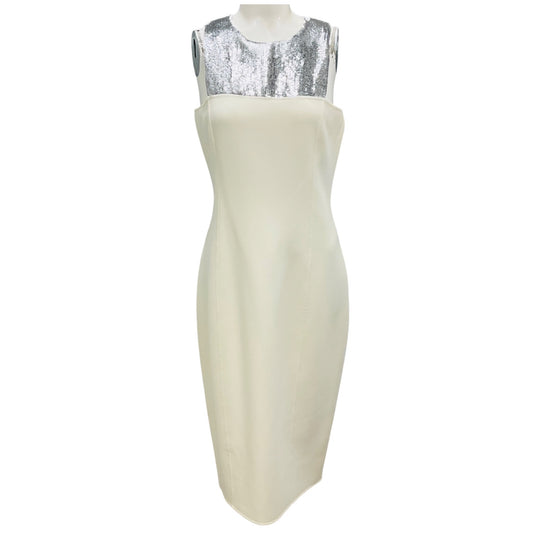 Michael Kors Collection White / Silver Sequin Paneled Double Face Boucle Crepe Sheath Dress