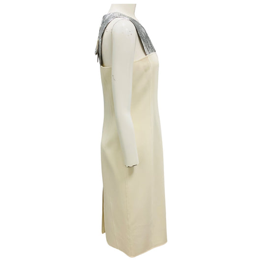 Michael Kors Collection White / Silver Sequin Paneled Double Face Boucle Crepe Sheath Dress