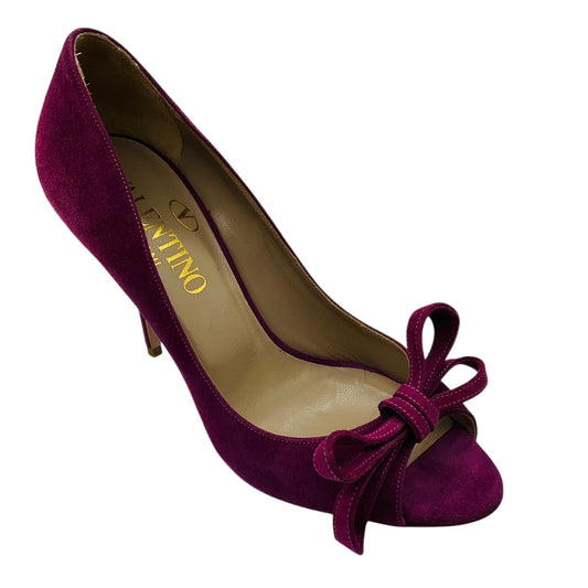 Valentino Purple Bow Detail Open Toe Suede Pumps