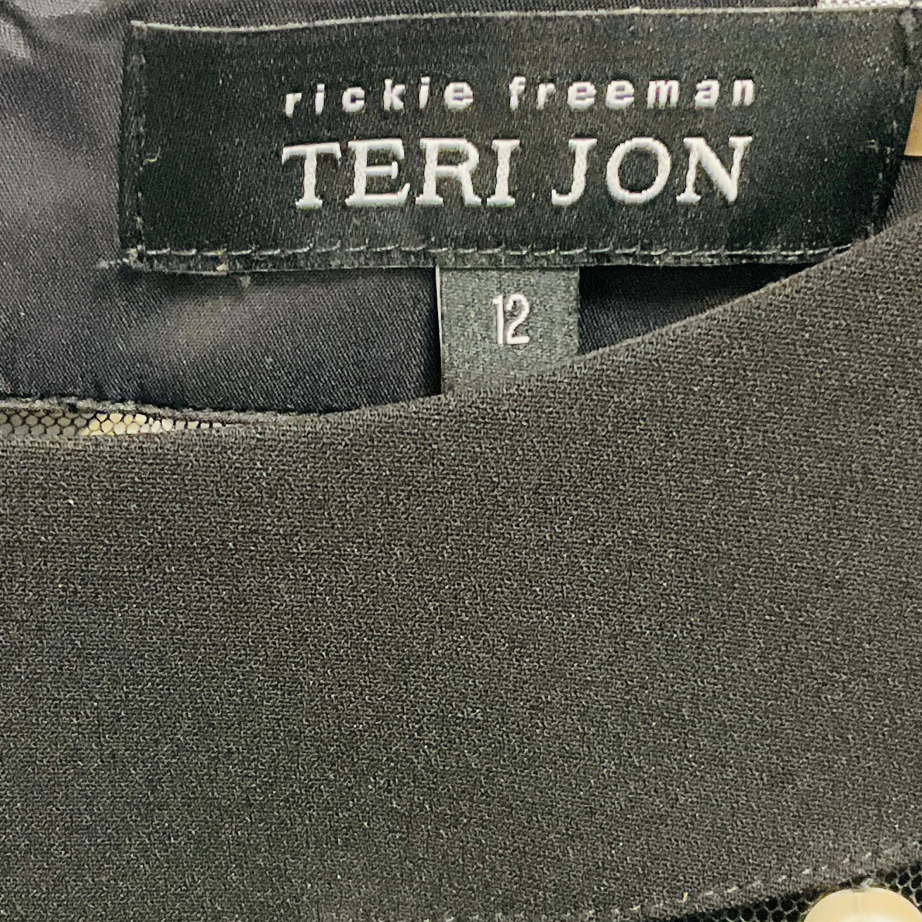 Teri Jon by Rickie Freeman Black Faux Pearl Embellished Short Sleeved Crepe Dress