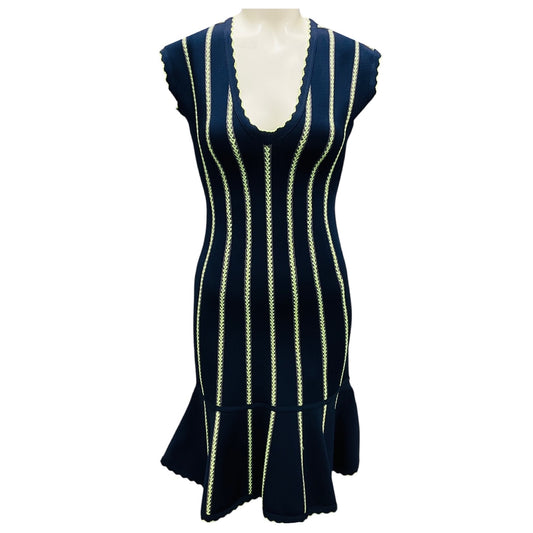 Herve Leger Navy / Green Ruffled Bandage Knit Isabel Dress