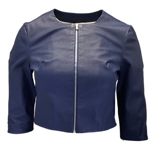 Susan Bender Blue Cropped Collarless Full Zip Leather Jacket