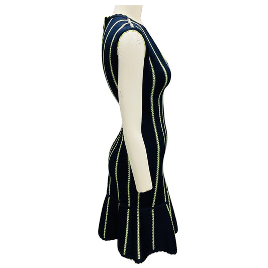 Herve Leger Navy / Green Ruffled Bandage Knit Isabel Dress