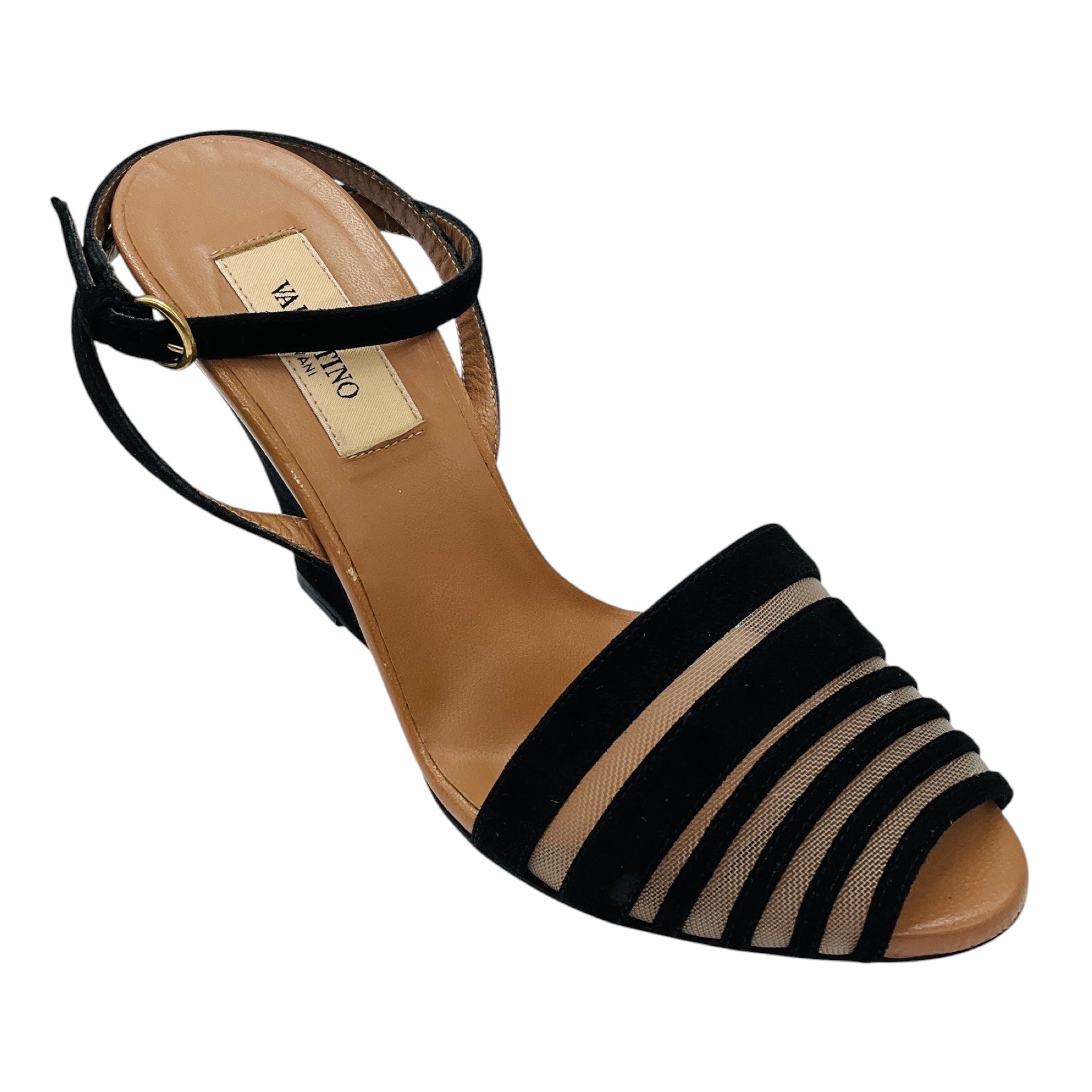 Valentino Black / Nude Suede and Mesh Tulle Ankle Strap Wedge Sandals