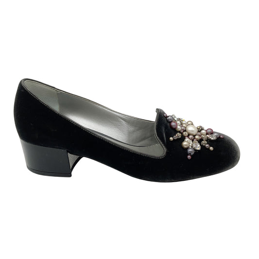 Rene Caovilla Grey Pearl and Crystal Embellished Velvet Loafers