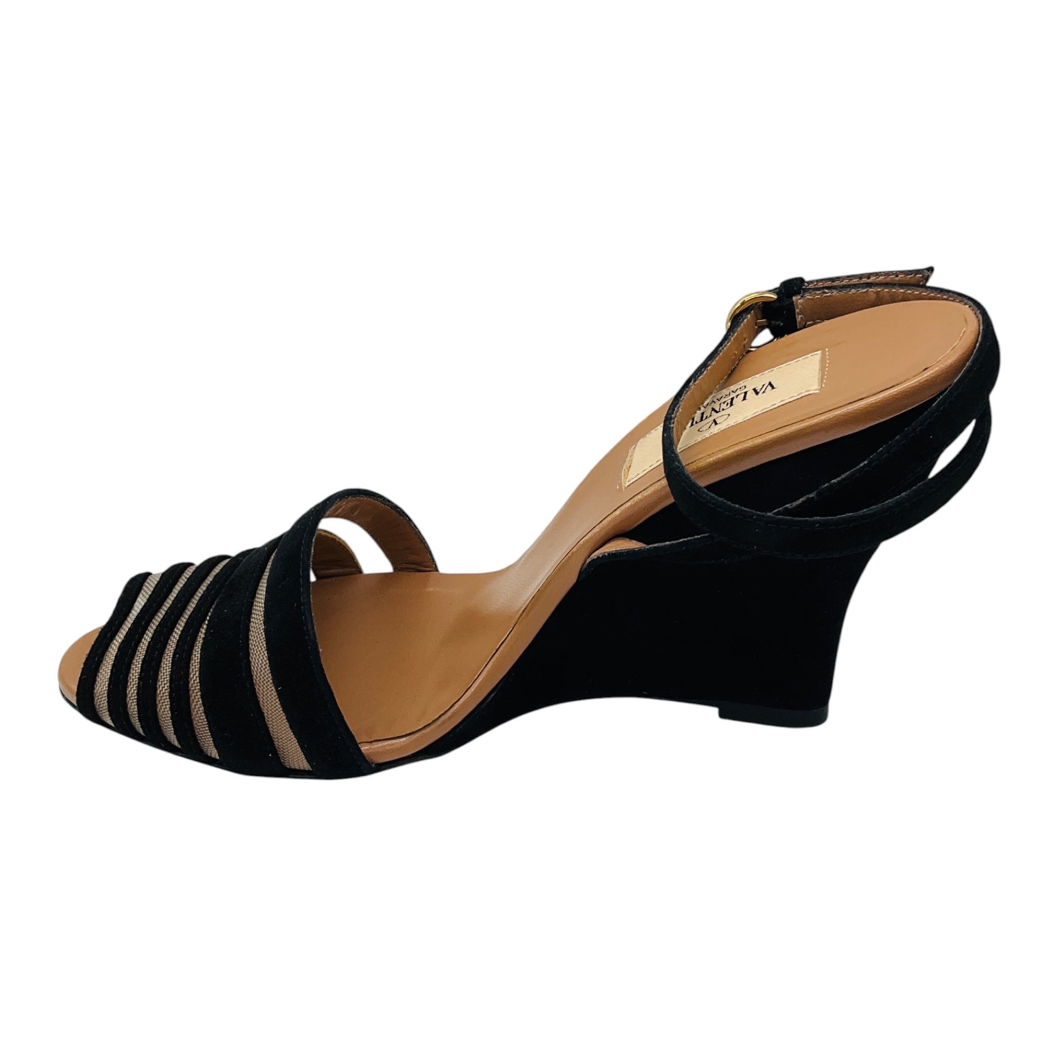 Valentino Black / Nude Suede and Mesh Tulle Ankle Strap Wedge Sandals