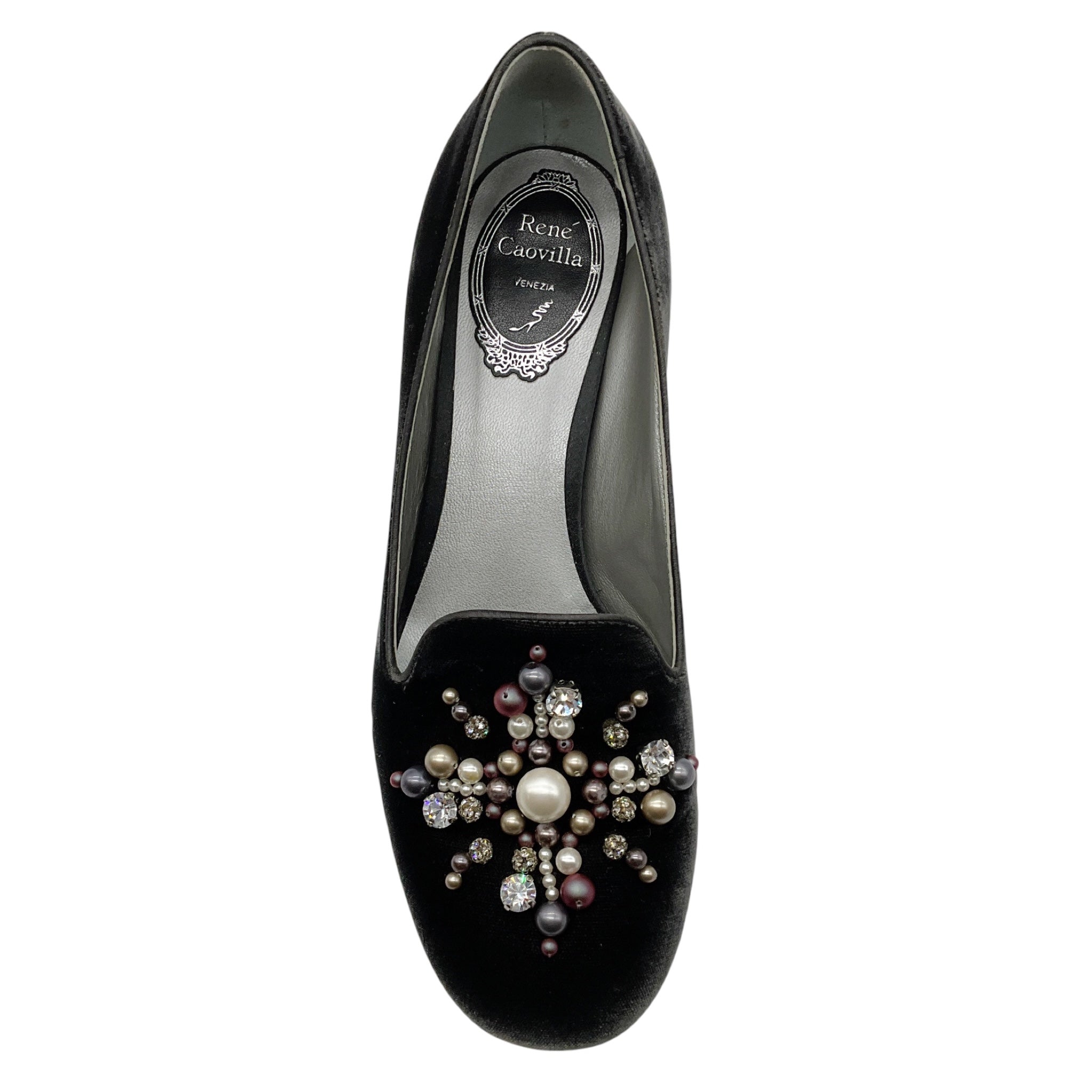Rene Caovilla Grey Pearl and Crystal Embellished Velvet Loafers