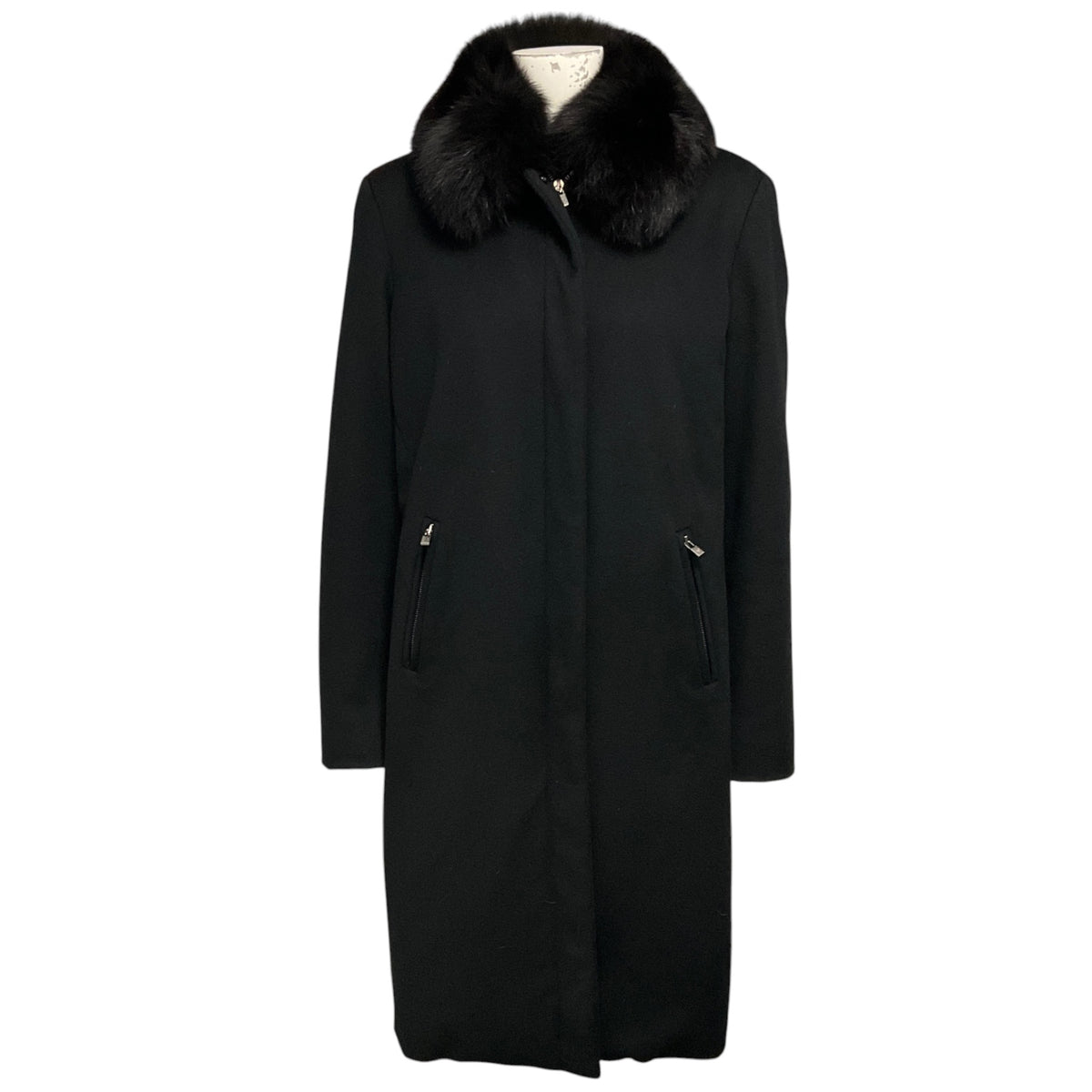 Loro Piana Black Storm System Rain & Wind Protection Cashmere Coat with Fox Fur Collar