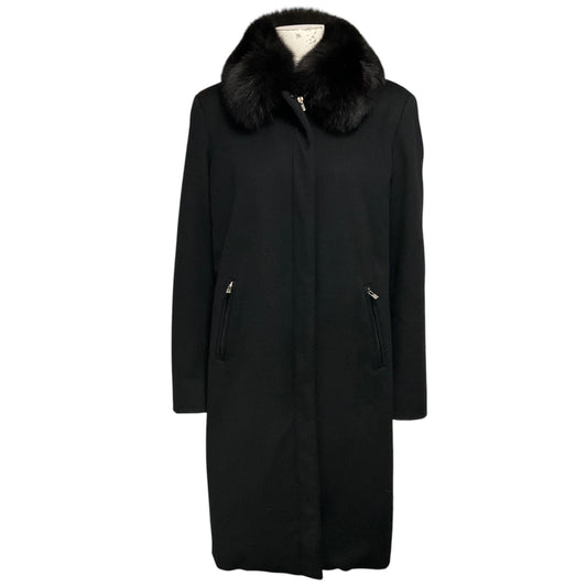 Loro Piana Black Storm System Rain & Wind Protection Cashmere Coat with Fox Fur Collar