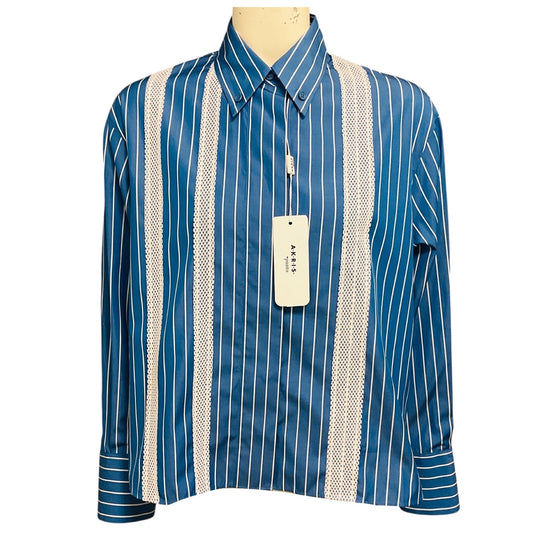 Akris Punto Medium Blue / Cream Lace Trimmed Striped Blouse