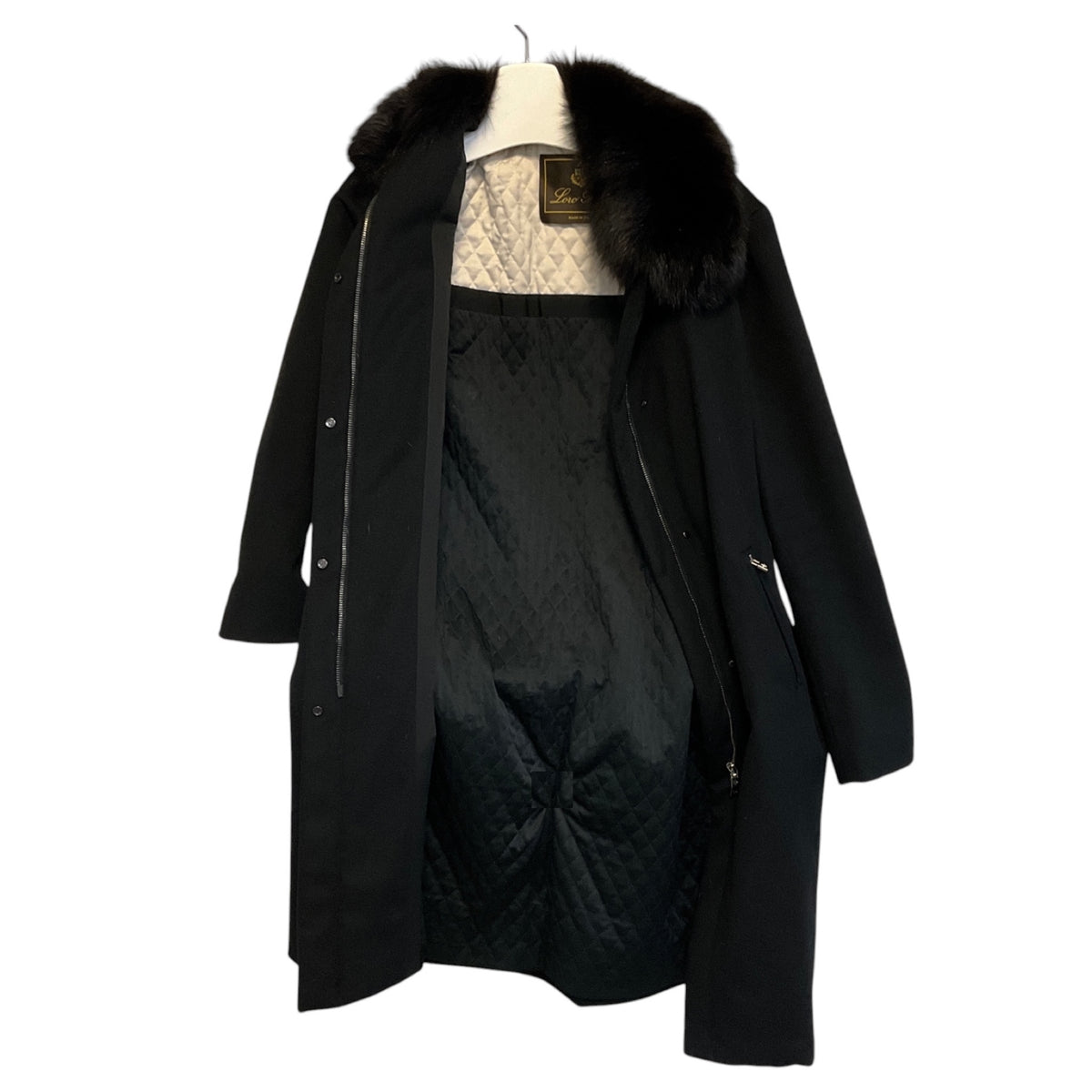 Loro Piana Black Storm System Rain & Wind Protection Cashmere Coat with Fox Fur Collar
