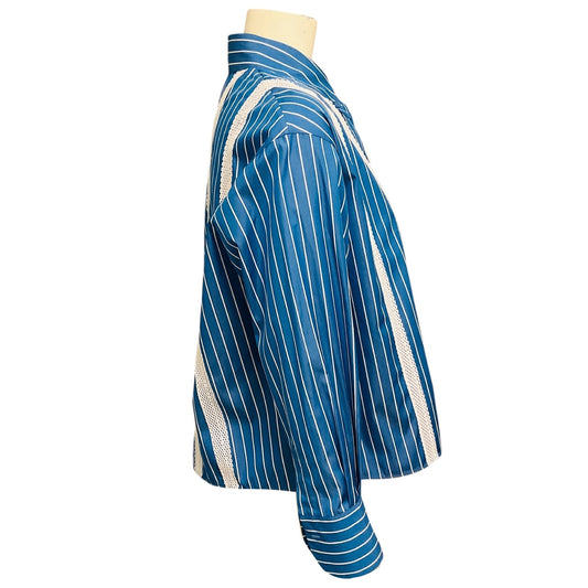 Akris Punto Medium Blue / Cream Lace Trimmed Striped Blouse