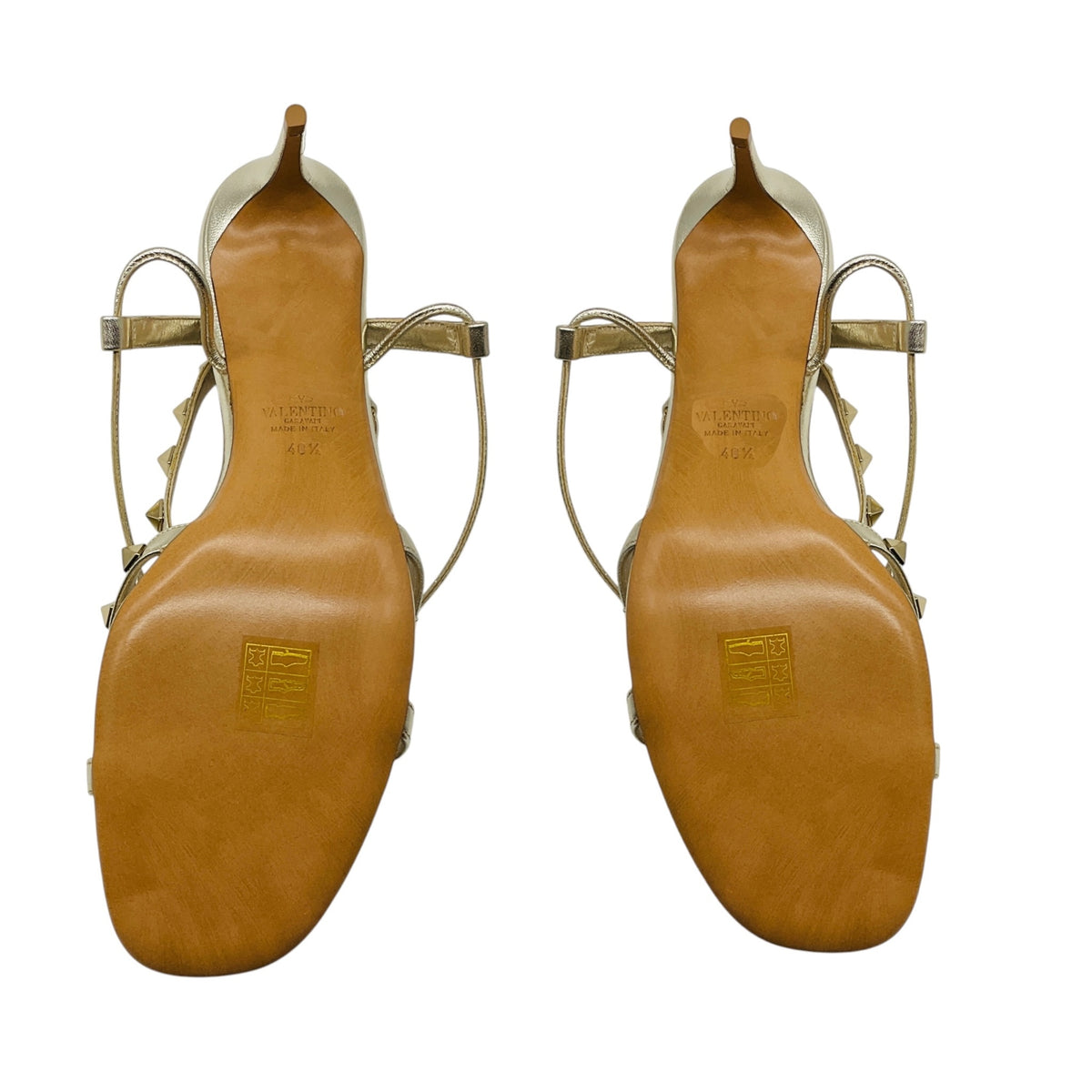 Valentino Gold Metallic Rockstud Leather Ankle Strap Sandals