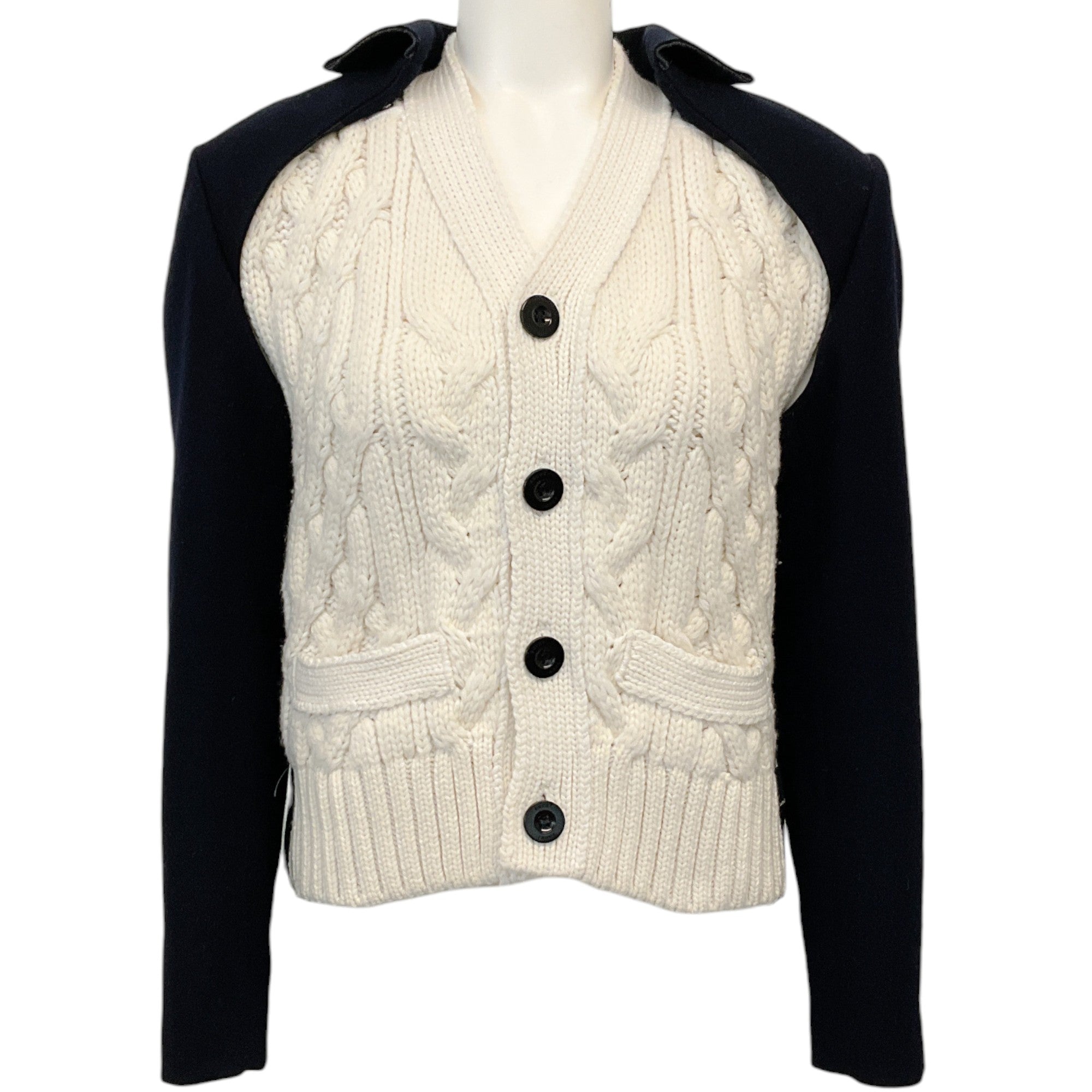 Sacai Ivory Cable Knit Sleeveless Sweater with Detachable Navy Blazer Overlay
