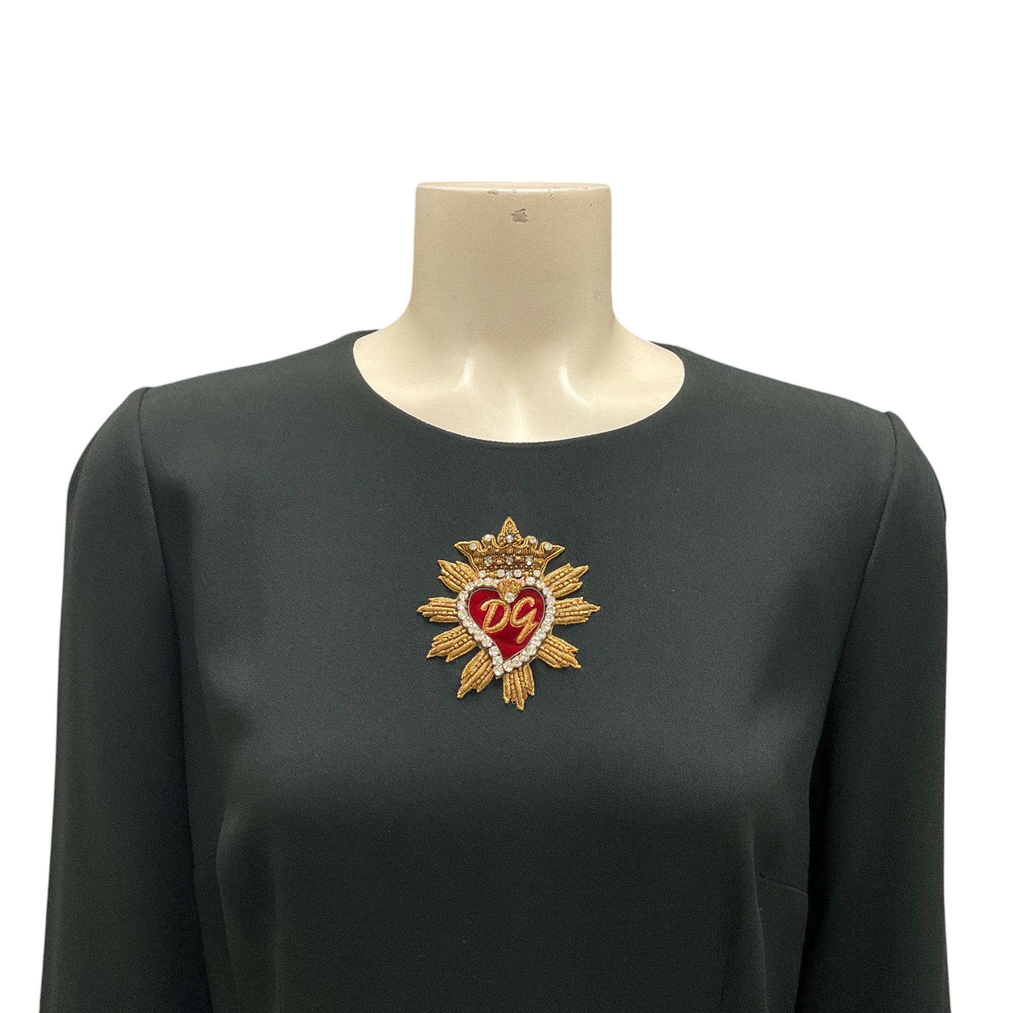 Dolce & Gabbana Black Heart Logo Patch Long Sleeved Crepe Midi Dress