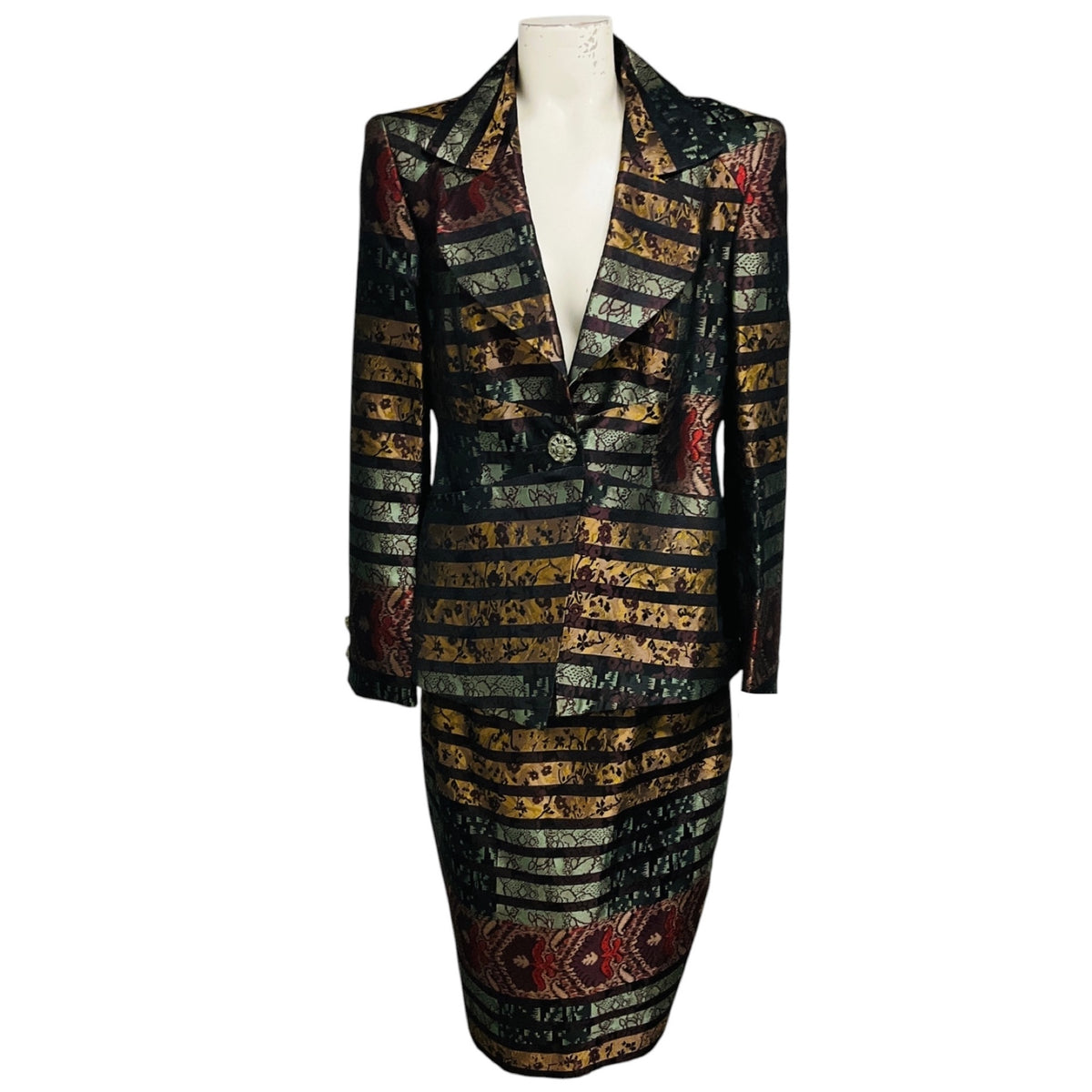 Christian Lacroix Vintage Burgundy Multi Metallic Striped Jacquard Jacket and Skirt Suit Set