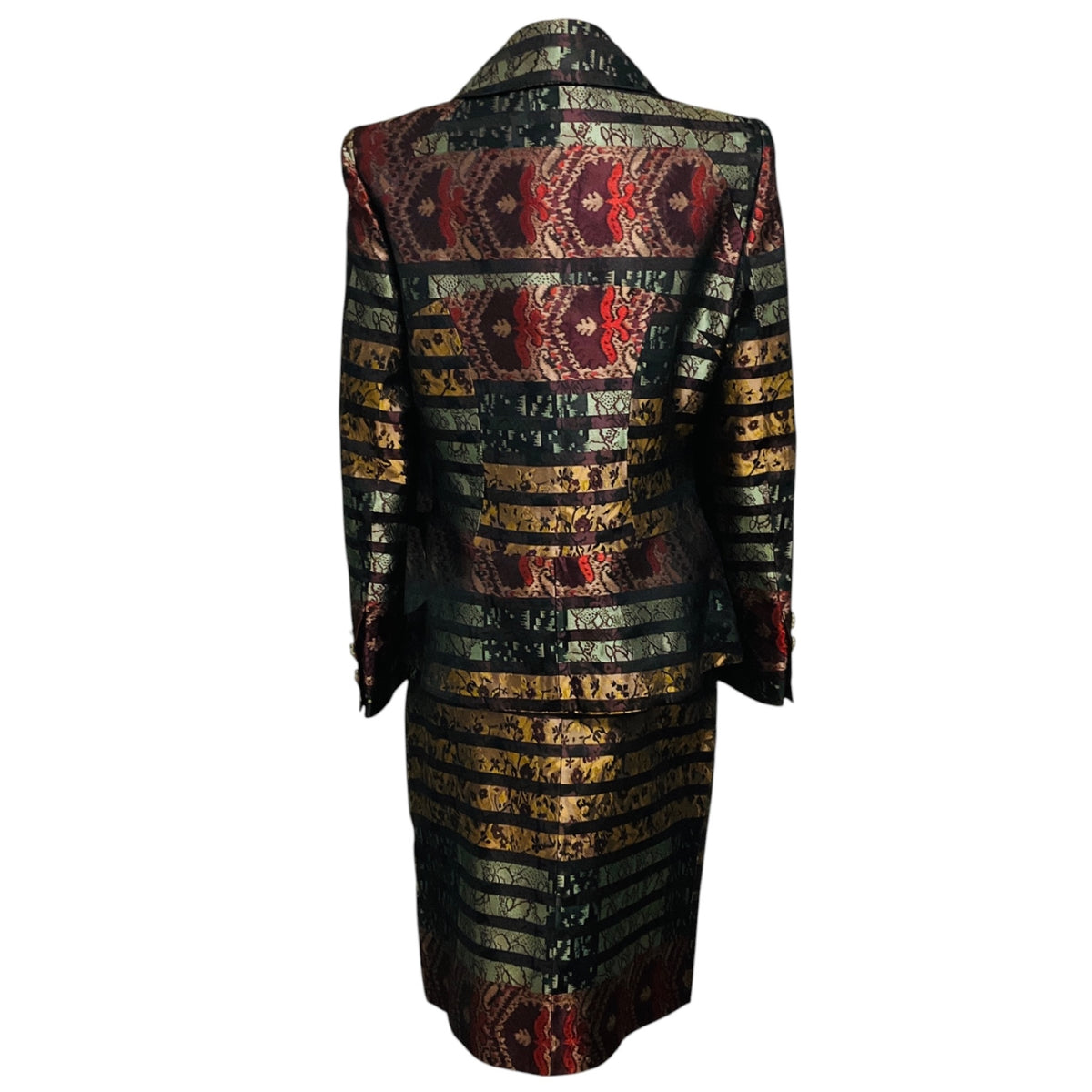 Christian Lacroix Vintage Burgundy Multi Metallic Striped Jacquard Jacket and Skirt Suit Set