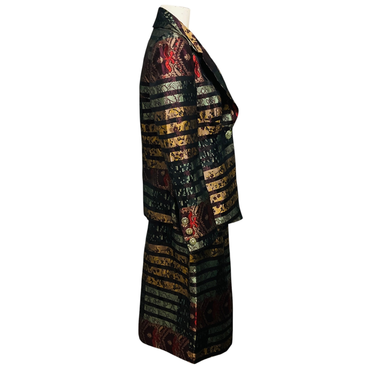 Christian Lacroix Vintage Burgundy Multi Metallic Striped Jacquard Jacket and Skirt Suit Set