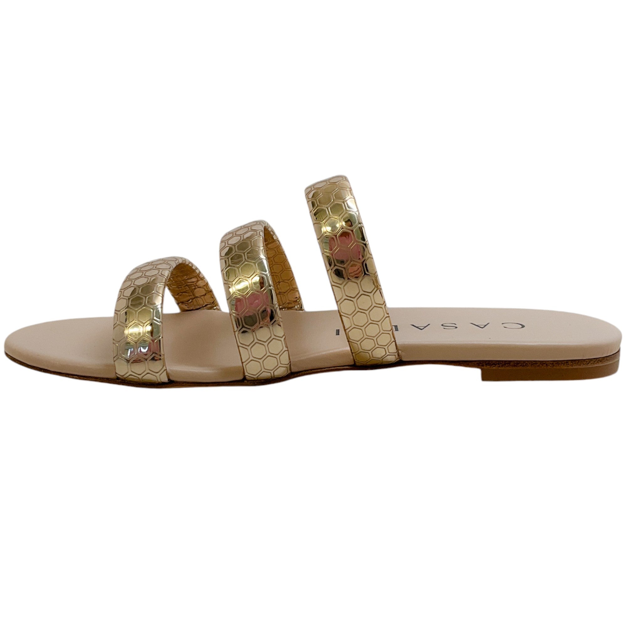 Casadei Rose Gold Embossed Leather Atomium Sandals