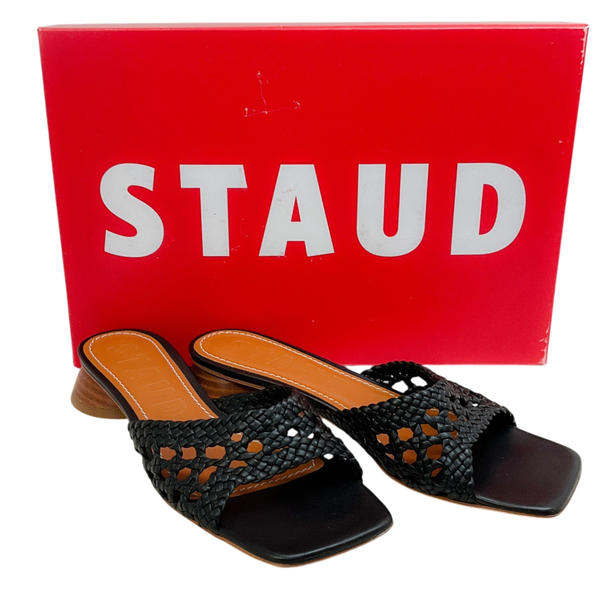 Staud  Black Leather Crochet Simone Slide Sandals