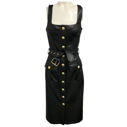 L'Agence Black Idy Button Front Vegan Leather Midi Dress