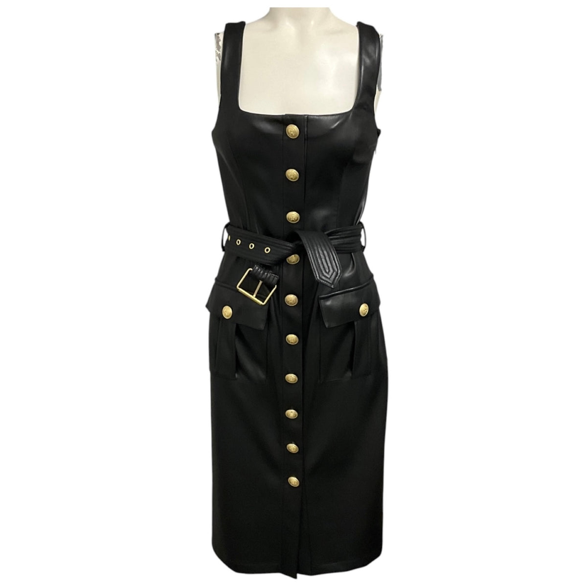 L'Agence Black Idy Button Front Faux Leather Midi Dress