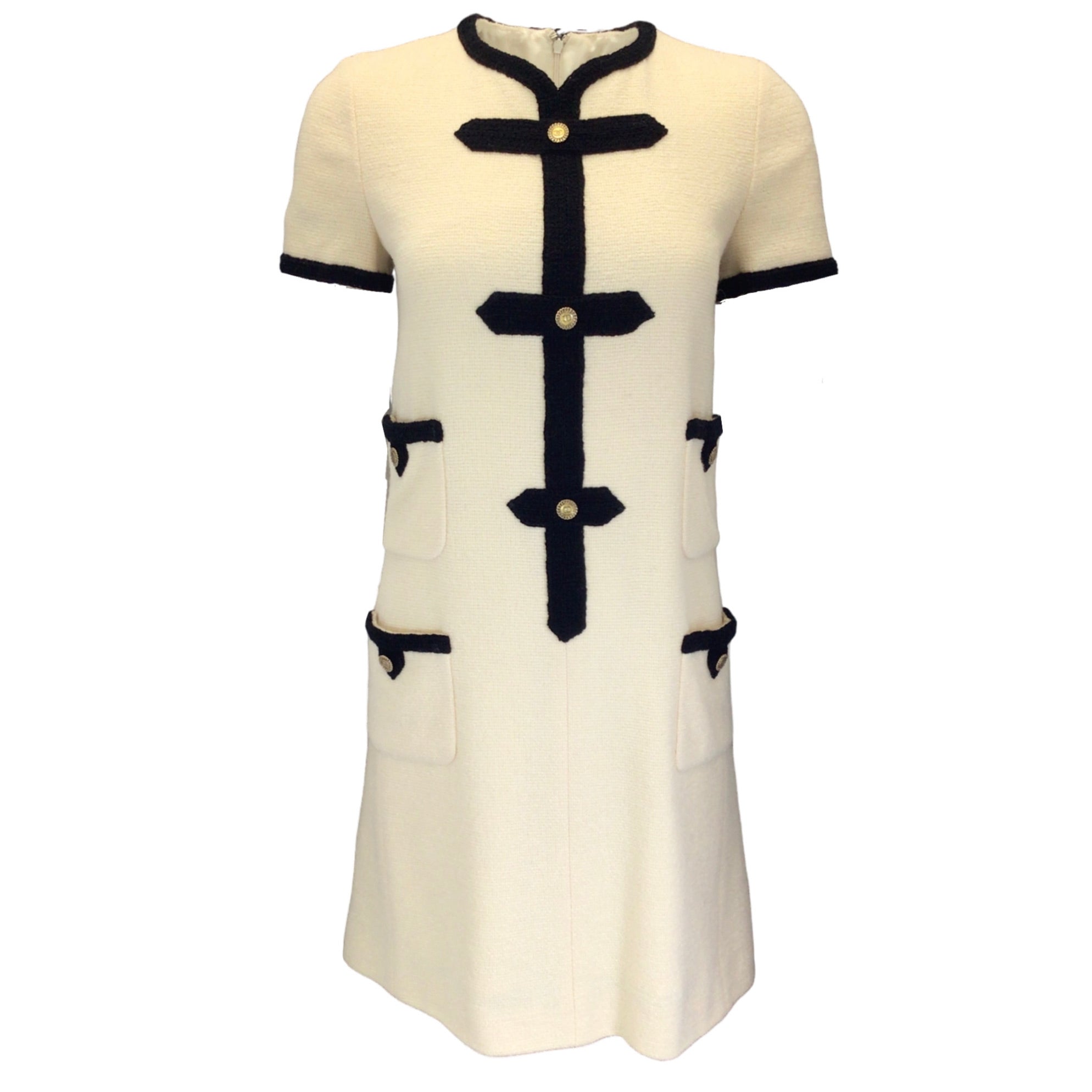 Chanel Ivory / Black / Gold CC Logo Buttoned Short Sleeved Four-Pocket Wool Tweed Dress