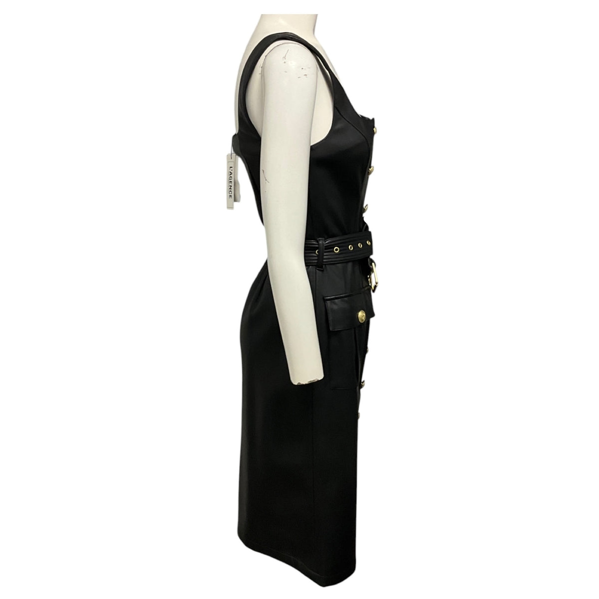 L'Agence Black Idy Button Front Vegan Leather Midi Dress