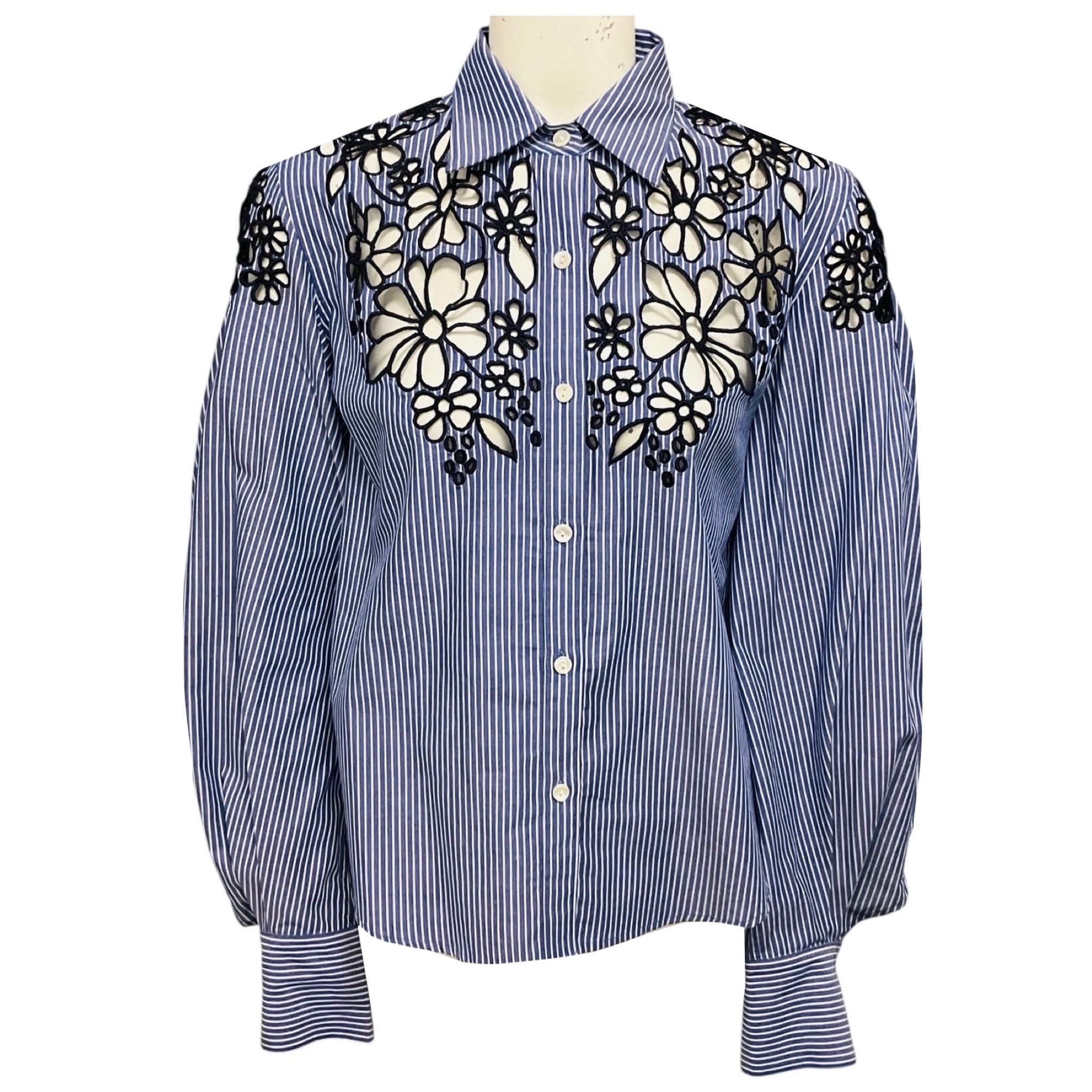 Prabal Gurung Blue / White / Navy Floral Embroidered Eyelet Striped Blouse