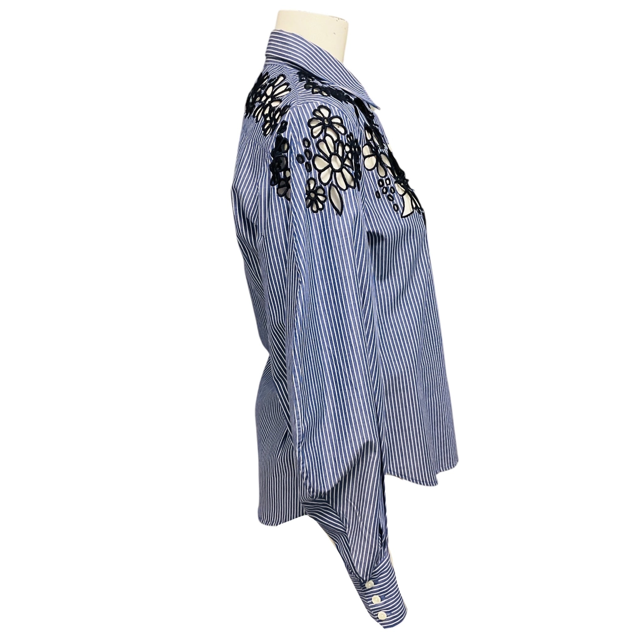 Prabal Gurung Blue / White / Navy Floral Embroidered Eyelet Striped Blouse