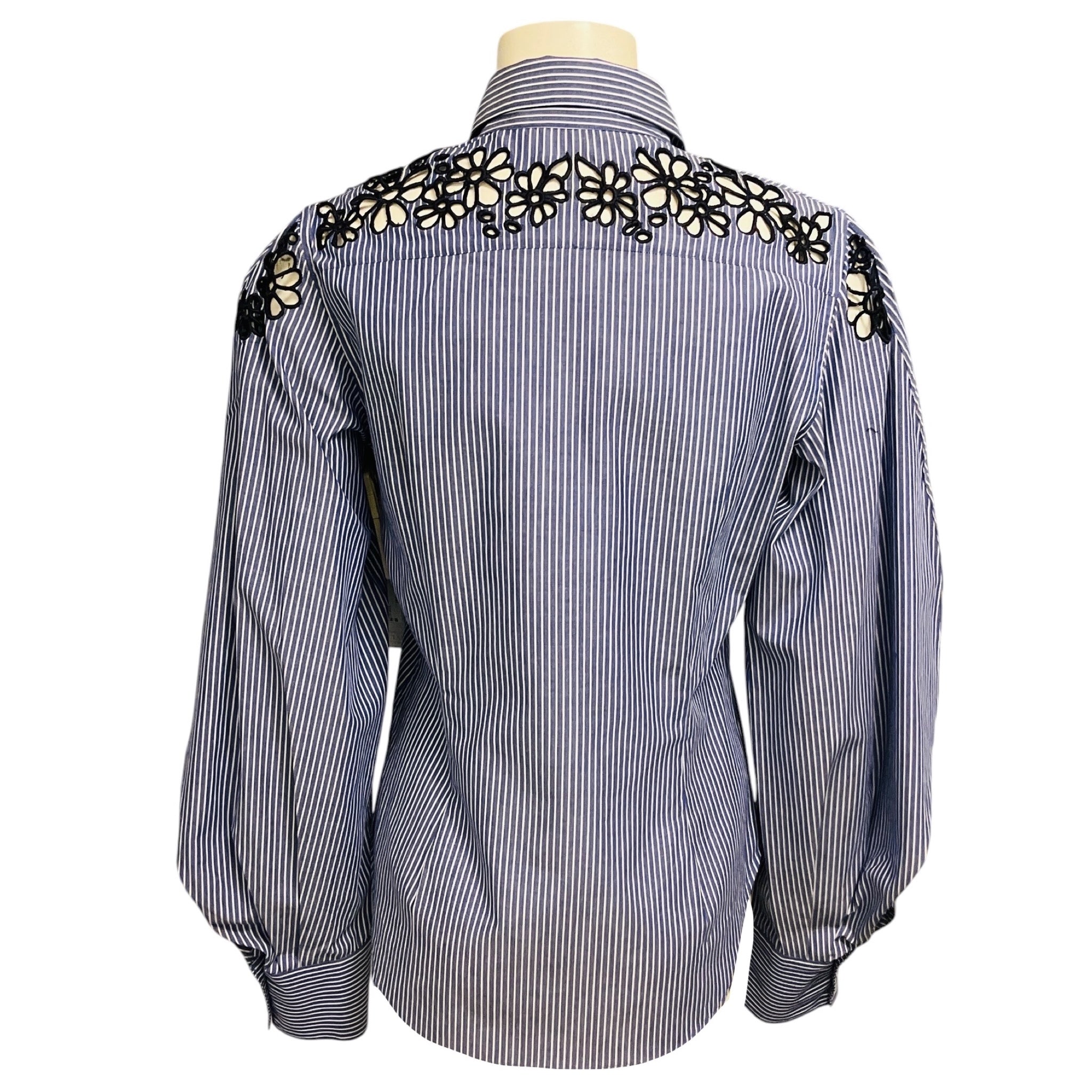 Prabal Gurung Blue / White / Navy Floral Embroidered Eyelet Striped Blouse