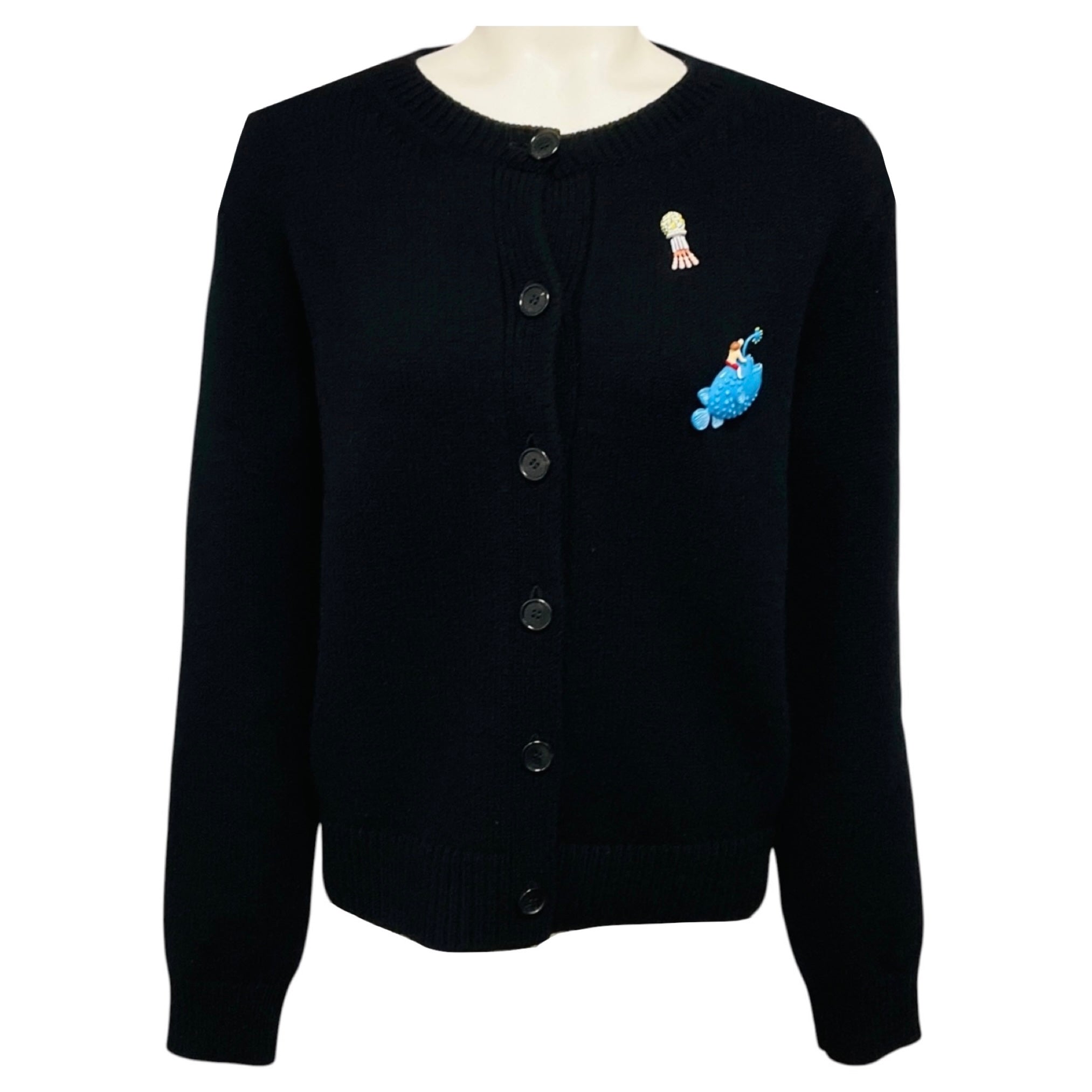 Loewe Black Wool Knit Cardigan Sweater with Pin Embellishments
