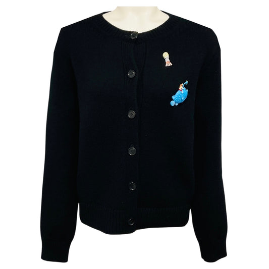 Loewe Black Wool Knit Cardigan Sweater with Pin Embellishments