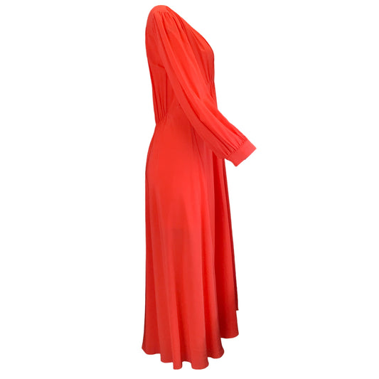 Mantu Poppy Red Long Sleeved V-Neck Silk Midi Dress