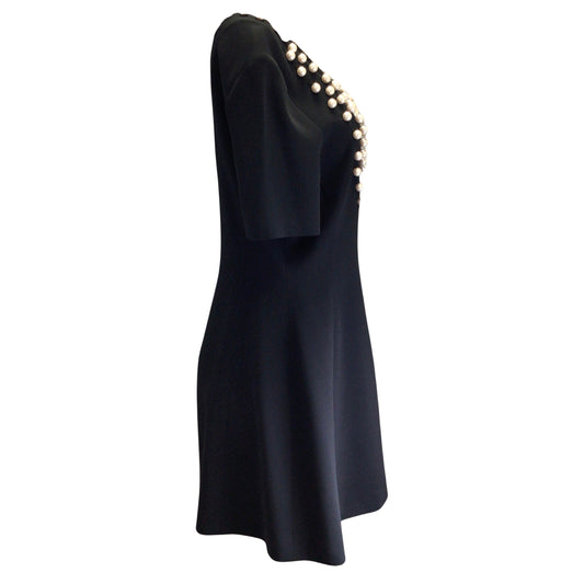 Moschino Couture Black Pearl Embellished Short Sleeved Viscose Crepe Dress