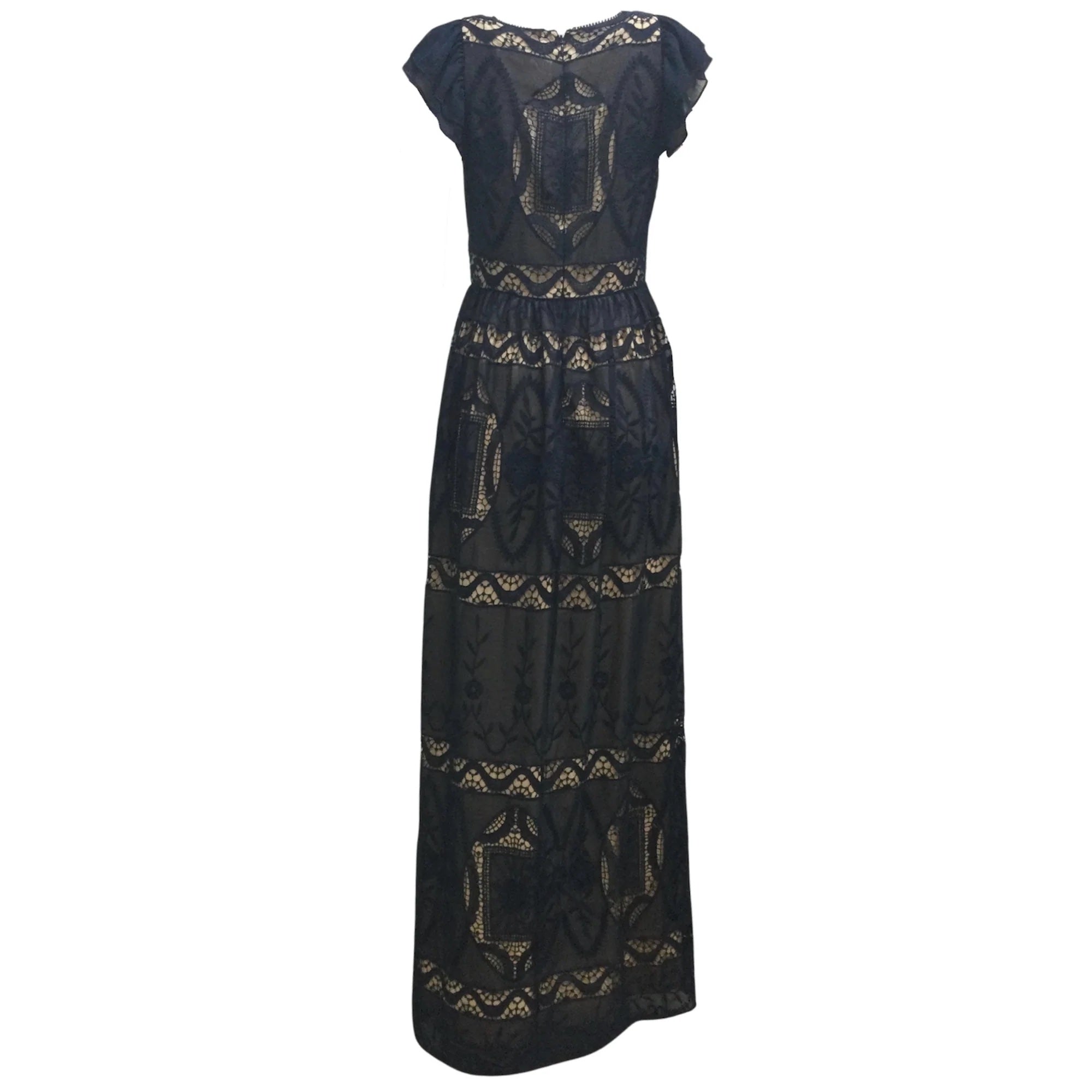 Monique Lhuillier Navy Blue / Beige Flutter Sleeved Embroidered Lace Gown / Formal Dress