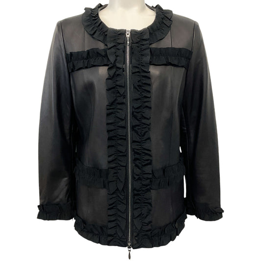 Anne Fontaine Black Leather Jacket with Ribbon Trim
