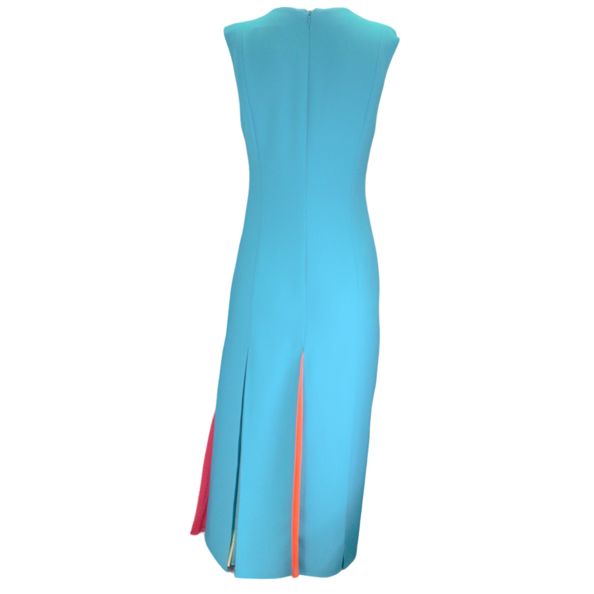 Carolina Herrera Turquoise Multi Sleeveless V-Neck Crepe Midi Dress