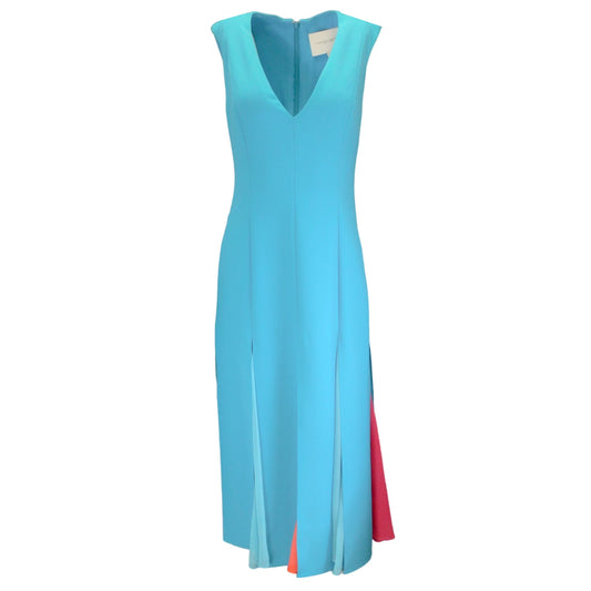 Carolina Herrera Turquoise Multi Sleeveless V-Neck Crepe Midi Dress