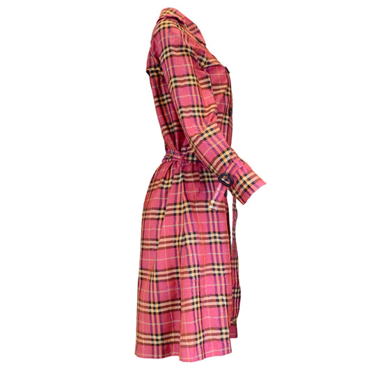 Burberry Dark Pink Multi Belted Checkered Crinkled Silk Trench Coat