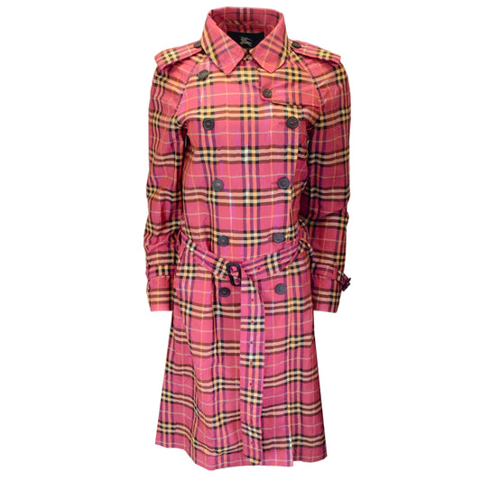 Burberry Dark Pink Multi Belted Checkered Crinkled Silk Trench Coat